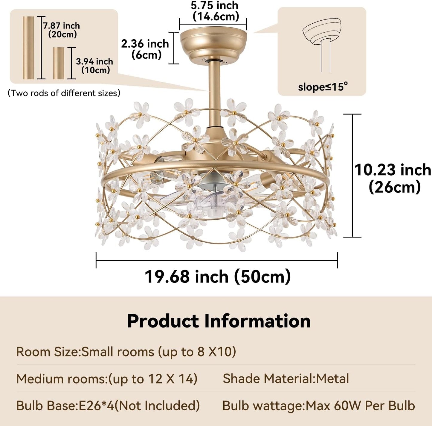 20 Inch Gold Caged Ceiling Fan with Light, Flower Chandelier Ceiling