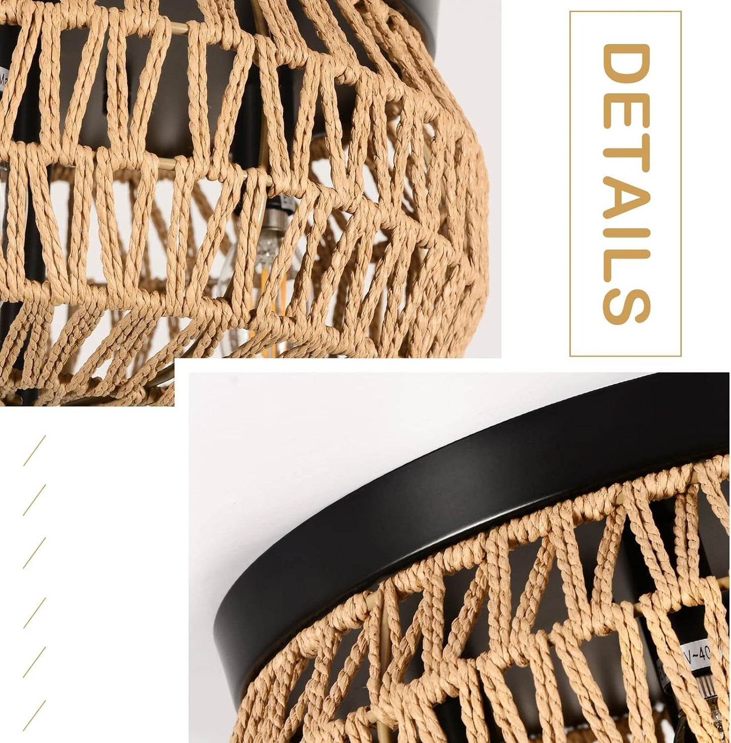 3 Lamp Woven Rattan Recessed Chandelier Lamp Fixture With Handmade Cage Lampshade For Bedroom, Kitchen, Hallway, Porch
