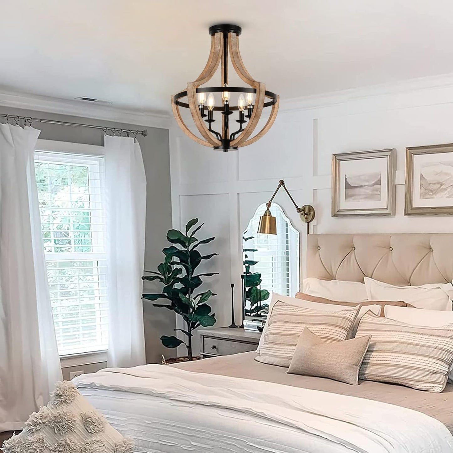 Solid Wood Modern Chandelier For Dining Room, Living Room, Kitchen, Island, Bedroom, Foyer, Height Adjustable, Brown
