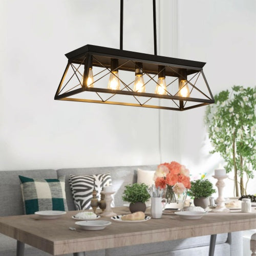 5 Lamps Farmhouse Chandelier For Dining Room, Metal Rustic Chandelier Island Lamp, Modern Rectangular Island Lamp For Kitchen, Living Room Pure Black - No Bulbs
