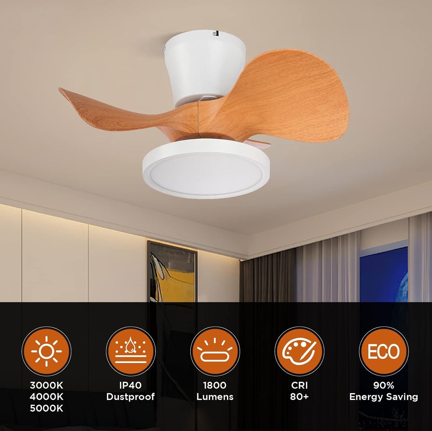 Quiet Ceiling Fan with LED Light 22 Inch Large Air Volume Remote