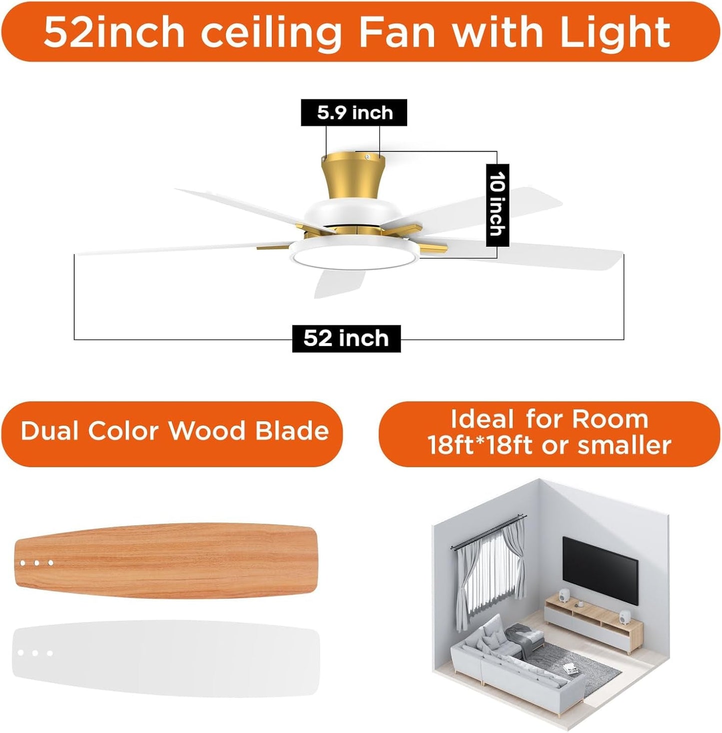 52 Inch Ceiling Fans with Lights and Remote,Ultra Silent Low Profile