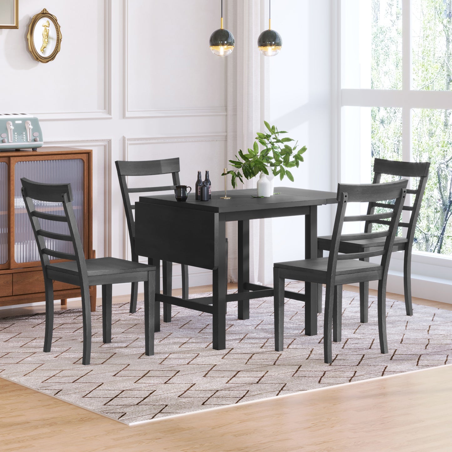 TOPMAX 5-piece square wooden pendant light expandable dining table set with 4 ladder back chairs Gray
