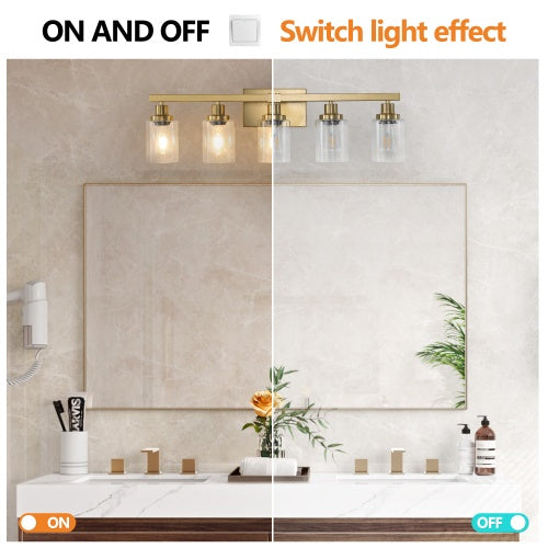 Gold 5 Light Vanity Light With Clear Glass Shade, Modern Iron Bathroom Wall Fixture For Bathroom & Dresser - No Bulbs
