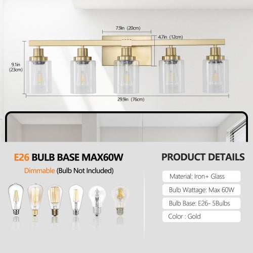 Gold 5 Light Vanity Light With Clear Glass Shade, Modern Iron Bathroom Wall Fixture For Bathroom & Dresser - No Bulbs