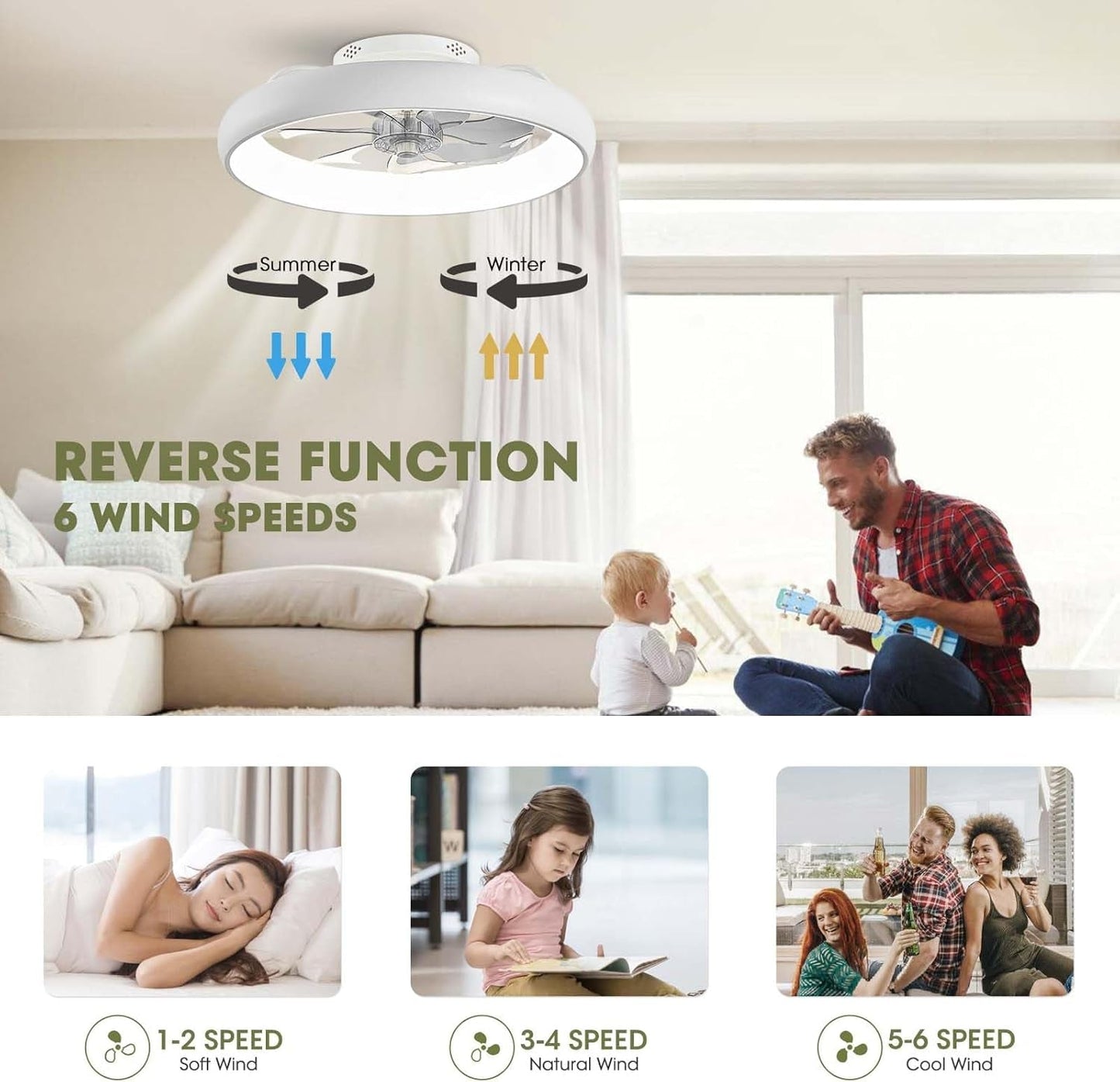 Ceiling Fans with Lights, Flush Mount Ceiling Fan with Alexa/Google