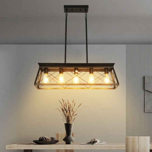 5 Lamps Farmhouse Chandelier For Dining Room, Metal Rustic Chandelier Island Lamp, Modern Rectangular Island Lamp For Kitchen, Living Room Pure Black - No Bulbs