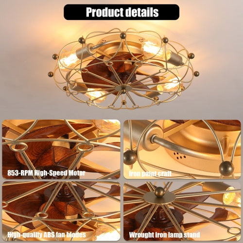 Low Profile Cage Ceiling Fan With Light Remote Control, Built-in Modern Industrial Ceiling Fan