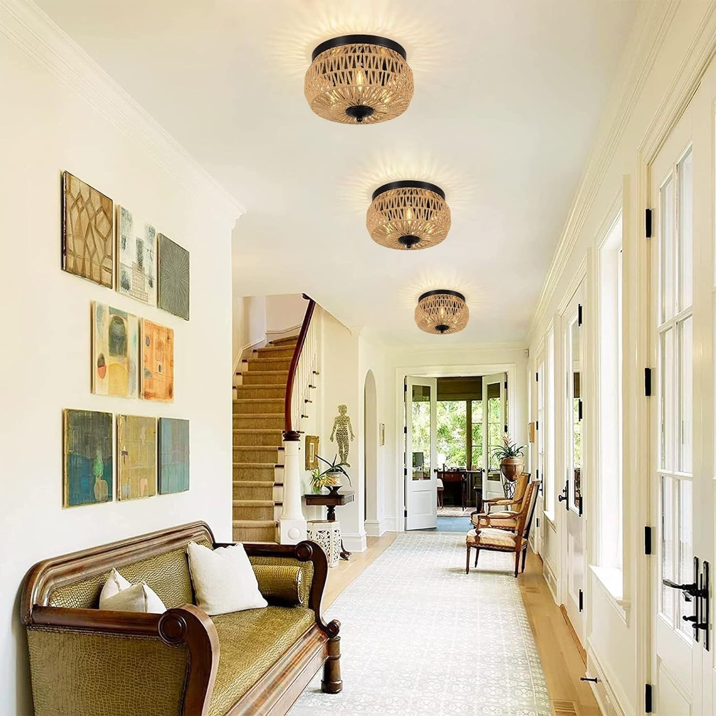3 Lamp Woven Rattan Recessed Chandelier Lamp Fixture With Handmade Cage Lampshade For Bedroom, Kitchen, Hallway, Porch