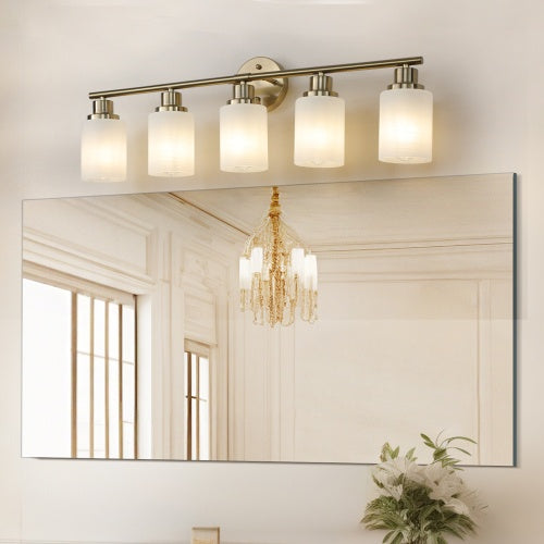 5 Lamps Gold Bathroom Vanity Lamp, Frosted Glass Shade, Modern Wall Mounted Lighting - No Bulbs