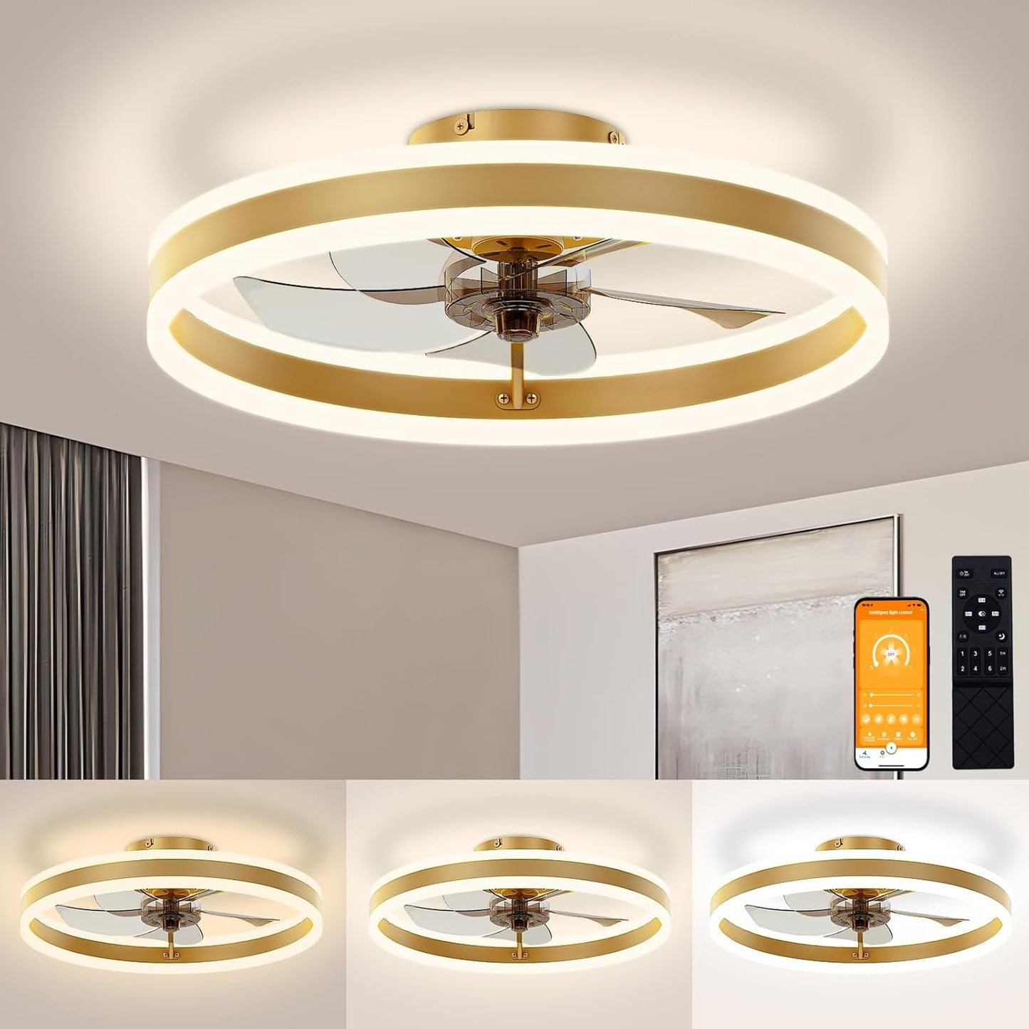 Low Profile Ceiling Fans with Lights and Remote, 19.7In Flush Mount