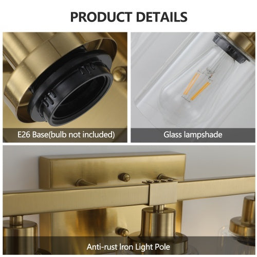 Gold 5 Light Vanity Light With Clear Glass Shade, Modern Iron Bathroom Wall Fixture For Bathroom & Dresser - No Bulbs