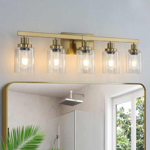 Gold 5 Light Vanity Light With Clear Glass Shade, Modern Iron Bathroom Wall Fixture For Bathroom & Dresser - No Bulbs