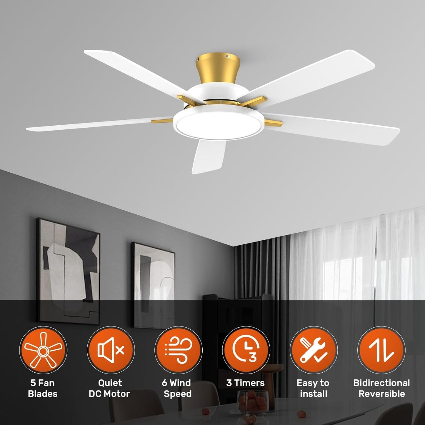 52 Inch Ceiling Fans with Lights and Remote,Ultra Silent Low Profile