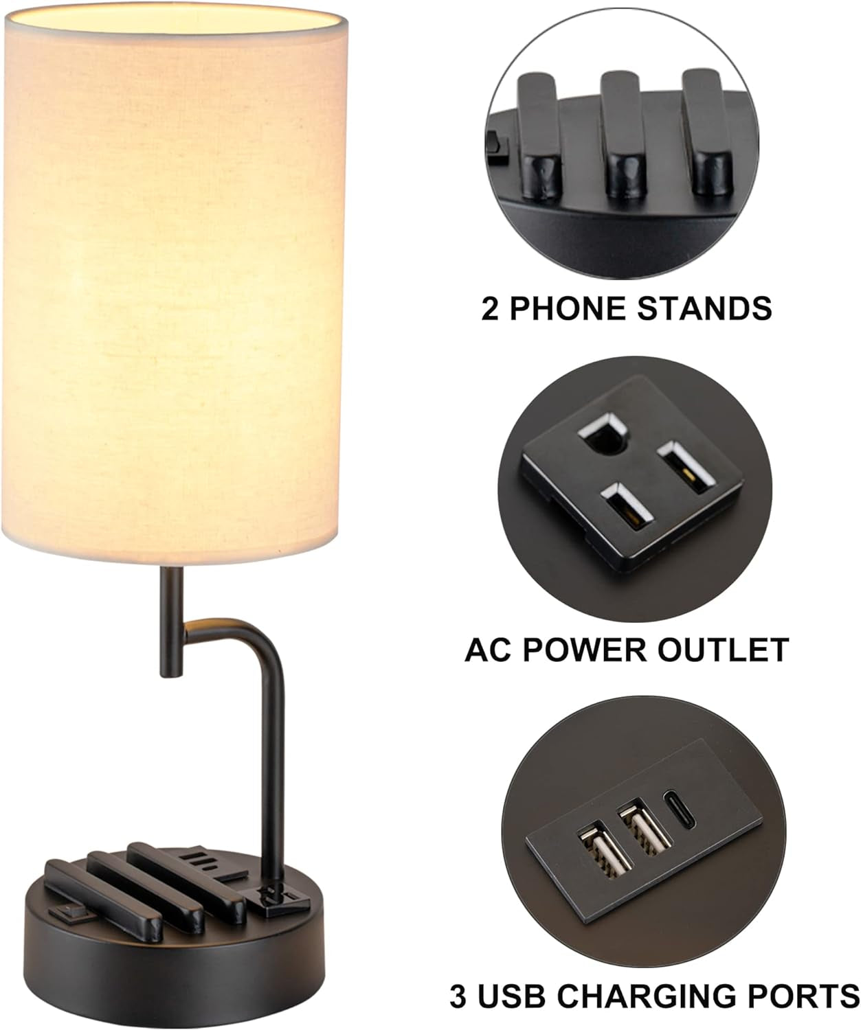 Table Lamp with 3 USB Charging Ports, Modern Desk Lamp with AC Outlet