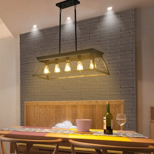 5 Lamps Farmhouse Chandelier For Dining Room, Metal Rustic Chandelier Island Lamp, Modern Rectangular Island Lamp For Kitchen, Living Room Pure Black - No Bulbs