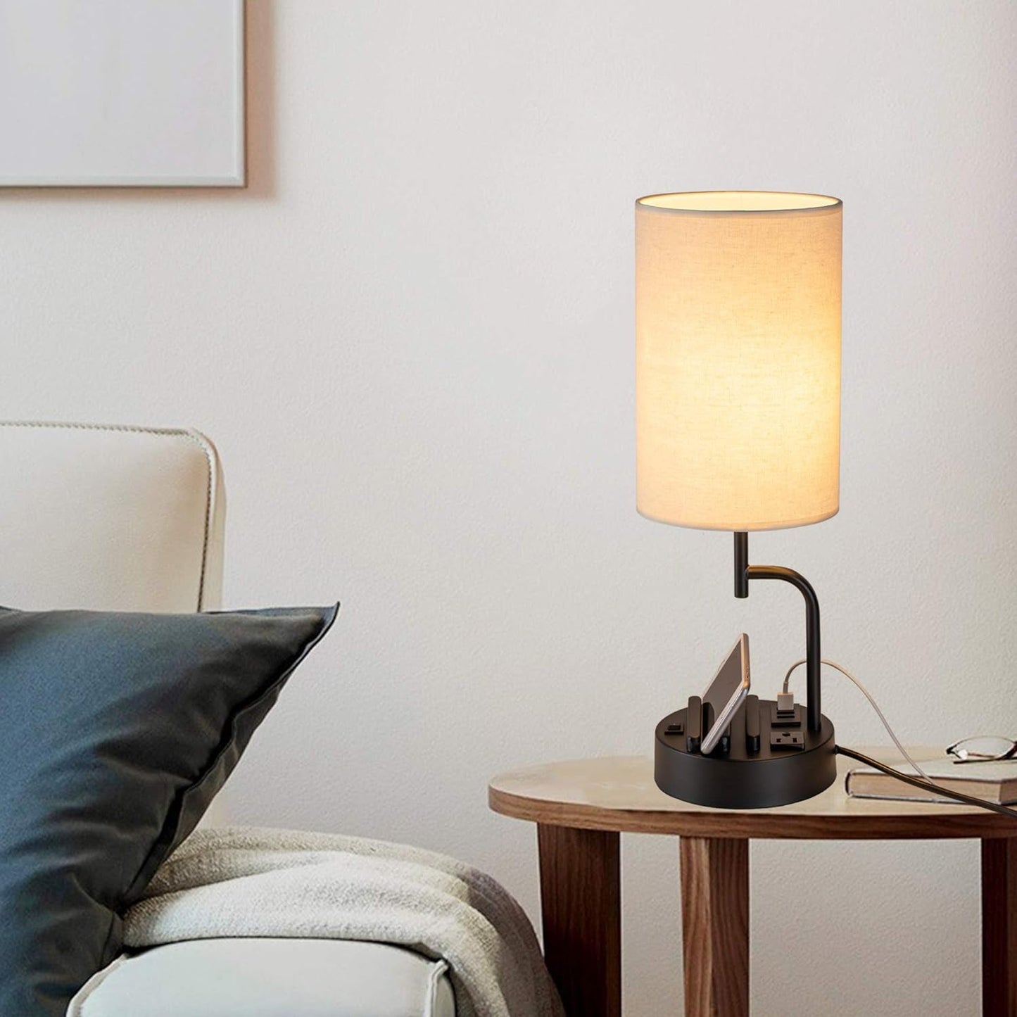 Table Lamp with 3 USB Charging Ports, Modern Desk Lamp with AC Outlet