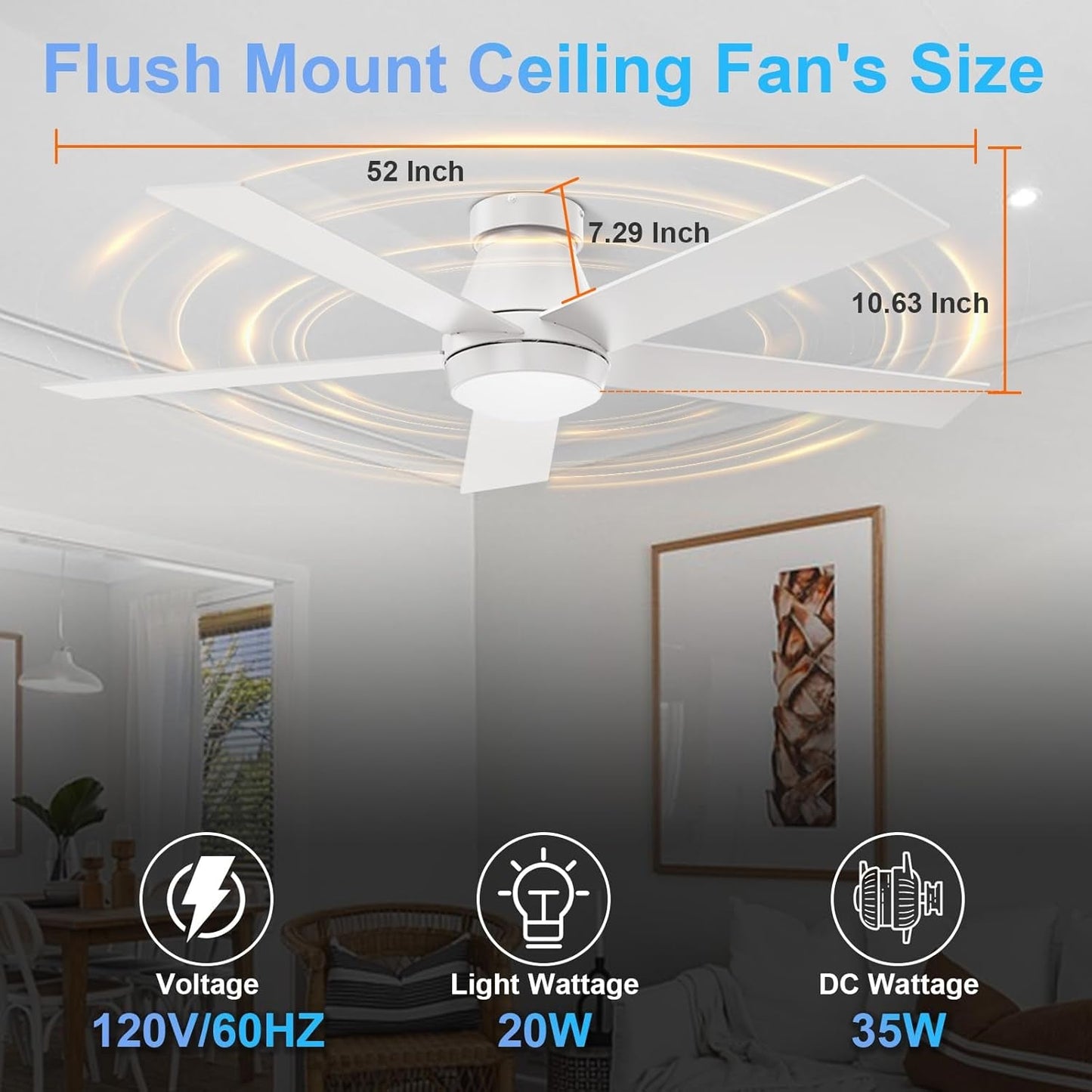 52" Ceiling Fan with Lights, White Flush Mount Ceiling Fans, 5 Blades