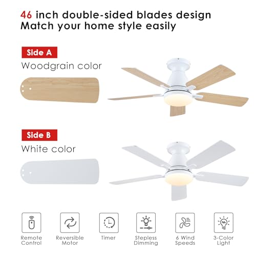 Ceiling Fans with Lights- 52" Low Profile Indoor Ceiling Fan with Light and Remote/APP Control, Flush Mount, LED Dimmable DC Reversible Modern Ceiling Fan for Bedroom(Black)