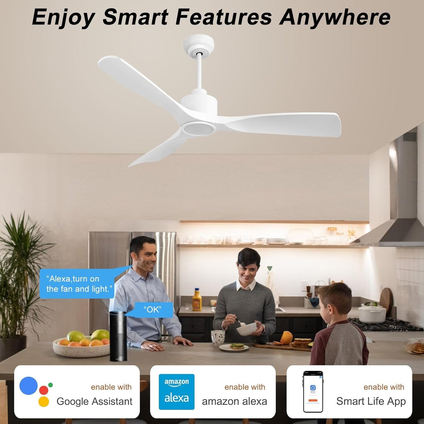 52 Inch Smart Ceiling Fan with Quiet DC Motor, 3 Blade High CFM Indoor