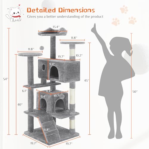 Sweetcrispy 54-Inch Cat Tree Tower – Multi-Level with Sisal Scratching Post, Perfect Pet Gift, Indoor Condo with Climbing Ladder, Plush Toy, and More Animal Stuff, Light Grey