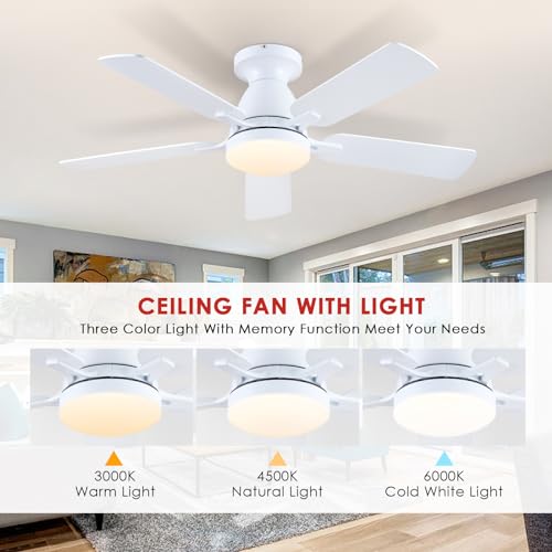 Ceiling Fans with Lights- 52" Low Profile Indoor Ceiling Fan with Light and Remote/APP Control, Flush Mount, LED Dimmable DC Reversible Modern Ceiling Fan for Bedroom(Black)