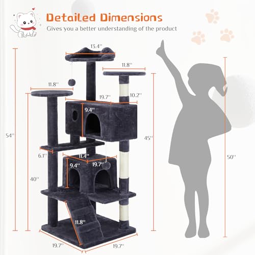 Sweetcrispy 54-Inch Cat Tree Tower – Multi-Level with Sisal Scratching Post, Perfect Pet Gift, Indoor Condo with Climbing Ladder, Plush Toy, and More Animal Stuff, Light Grey