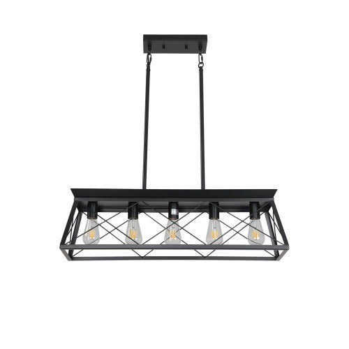5 Lamps Farmhouse Chandelier For Dining Room, Metal Rustic Chandelier Island Lamp, Modern Rectangular Island Lamp For Kitchen, Living Room Pure Black - No Bulbs