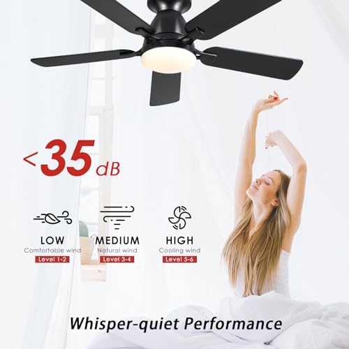 Ceiling Fans with Lights- 52" Low Profile Indoor Ceiling Fan with Light and Remote/APP Control, Flush Mount, LED Dimmable DC Reversible Modern Ceiling Fan for Bedroom(Black)