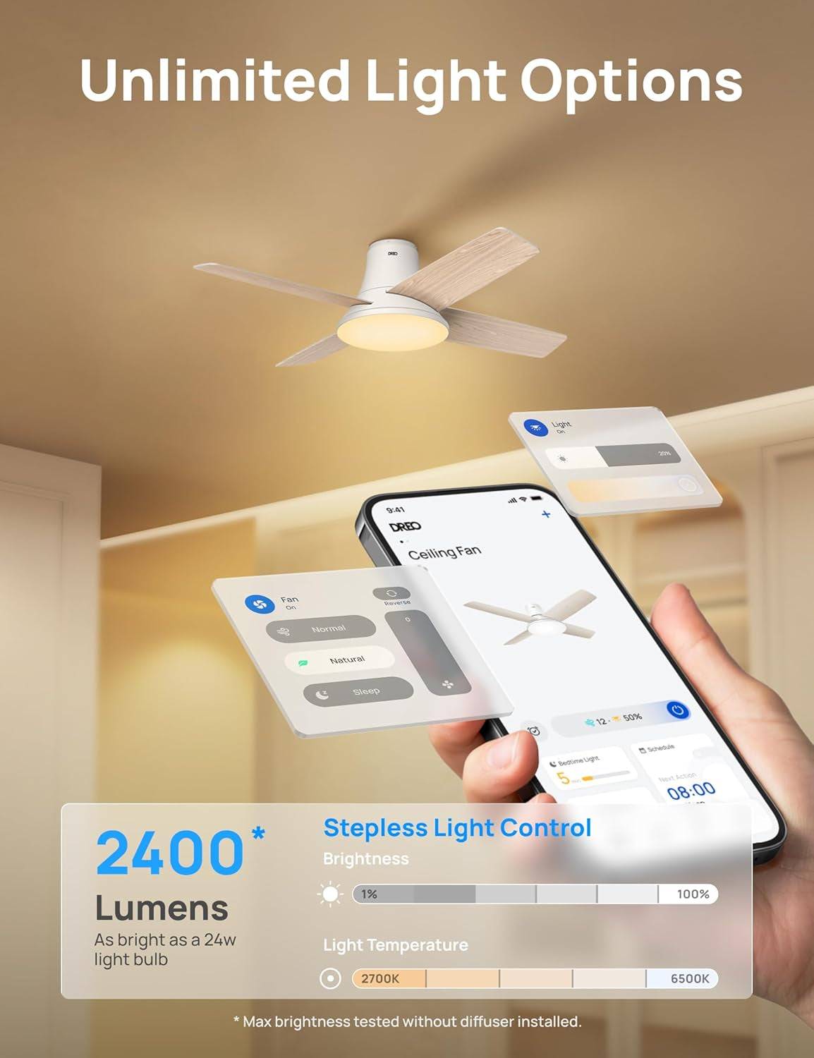 Ceiling Fans with Lights, 12 Speeds & 3 Fan Modes, Quiet DC Motor, Low