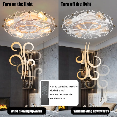 Low Profile Cage Ceiling Fan With Light Remote Control, Built-in Modern Industrial Ceiling Fan