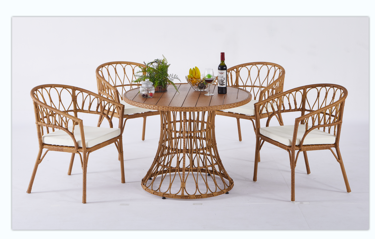 Outdoor dining set of 5 simple bamboo dinning table PE ratten round table 110CM plastic wood top