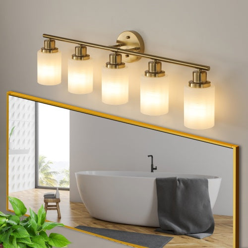 5 Lamps Gold Bathroom Vanity Lamp, Frosted Glass Shade, Modern Wall Mounted Lighting - No Bulbs