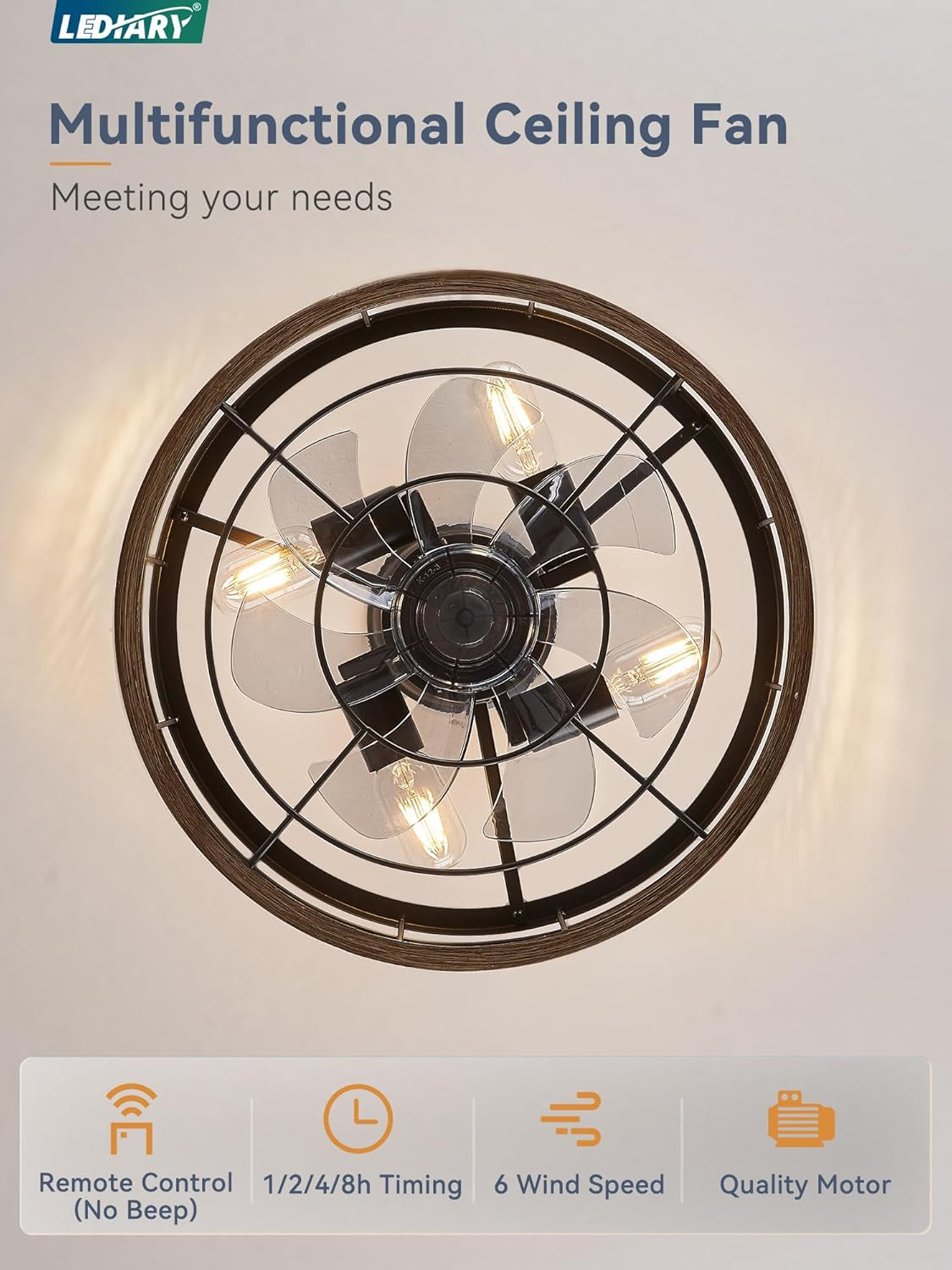 16.5In Caged Ceiling Fan with Light, Fandelier Industrial Ceiling Fan