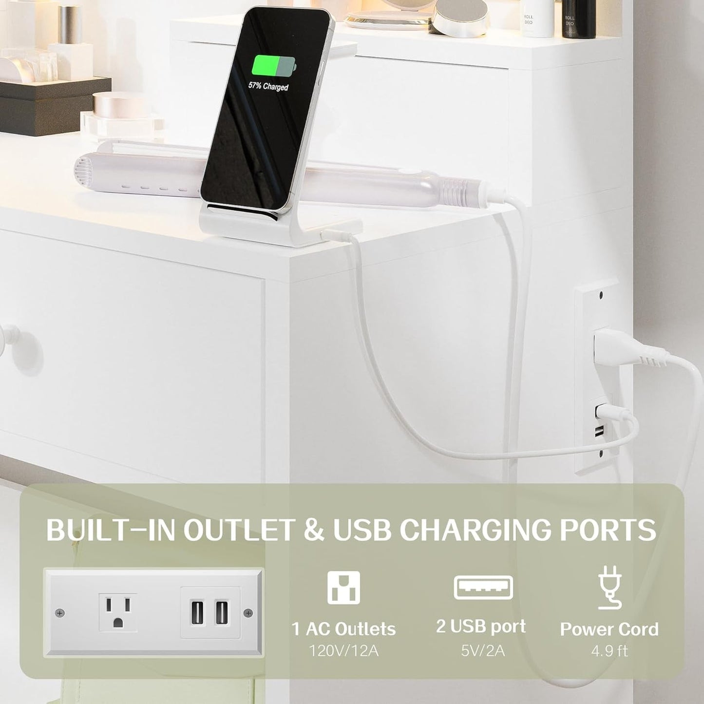 White Makeup Vanity Desk With Integrated LED Lighting-4