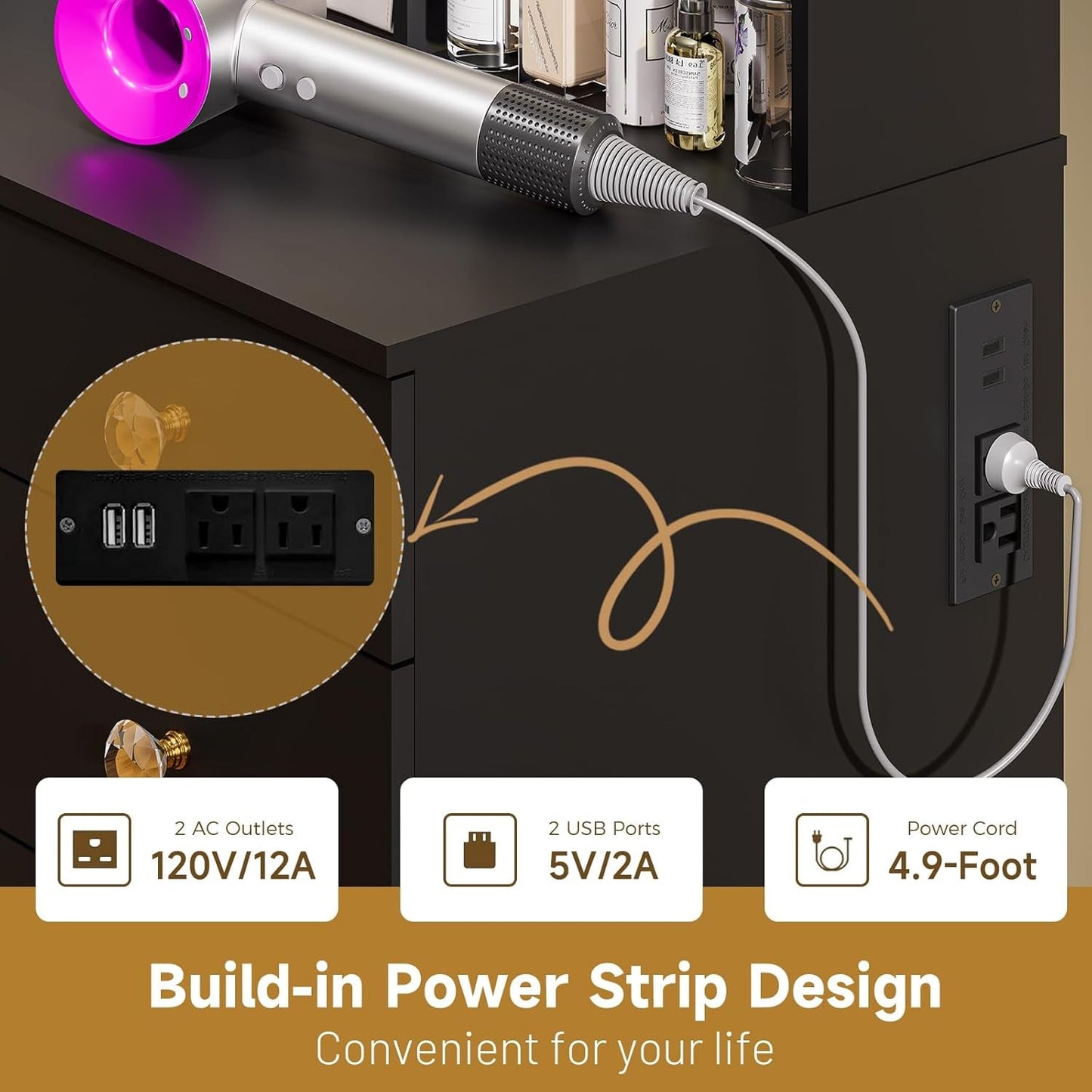 Black Vanity Desk With Illuminated Mirror Lighting-4