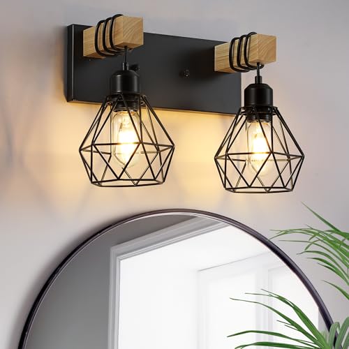 Farmhouse Vanity Light for Bathroom, 3-Light Wood Bathroom Vanity Light Fixtures Over Mirror, Rustic Sconces Wall Lighting with Metal Lampshade for Living Room, Bedroom, Hallway