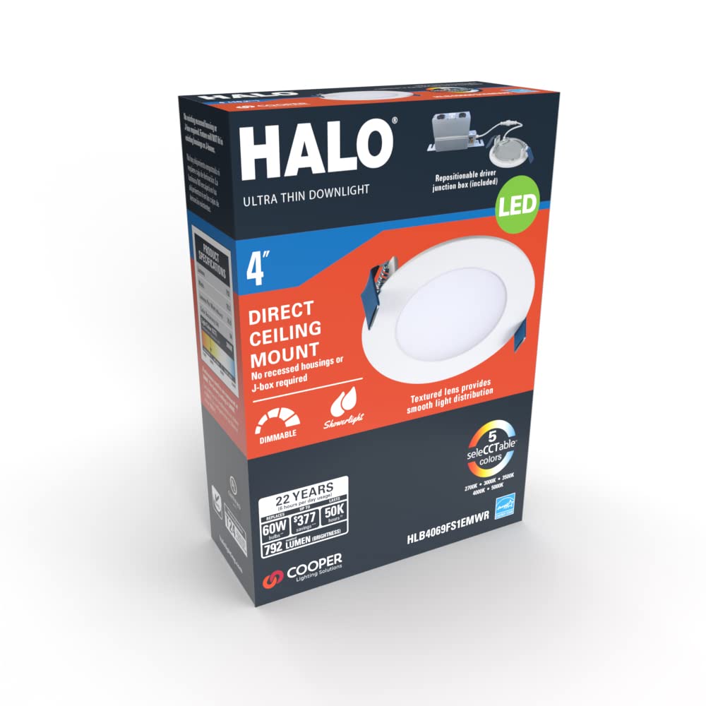 HALO HLB 4-Inch Thin Recessed Indoor/Outdoor Canless LED Downlight w/Selectable Color Temperatures 6-Pack HLB40699FS1EMWR-6PK