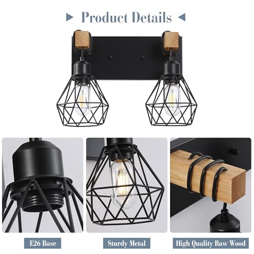 Farmhouse Vanity Light for Bathroom, 3-Light Wood Bathroom Vanity Light Fixtures Over Mirror, Rustic Sconces Wall Lighting with Metal Lampshade for Living Room, Bedroom, Hallway