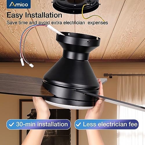 Amico Ceiling Fans with Lights, 42 inch Low Profile Ceiling Fan with Light and Remote Control, Flush Mount, Reversible, 3CCT, Dimmable, Noiseless, White Ceiling Fan for Bedroom, Indoor/Outdoor Use