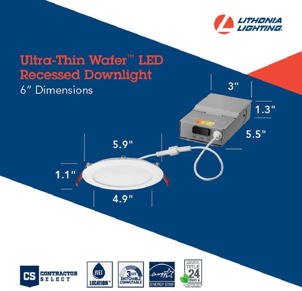 Lithonia Lighting WF4 LED 27K30K35K 90CRI MB M6 Recessed Wafer Downlight with Ultra Thin Round Trim, Color Temperature Selectable, 2700K | 3000K | 3500K, 4-Inch, Matte Black