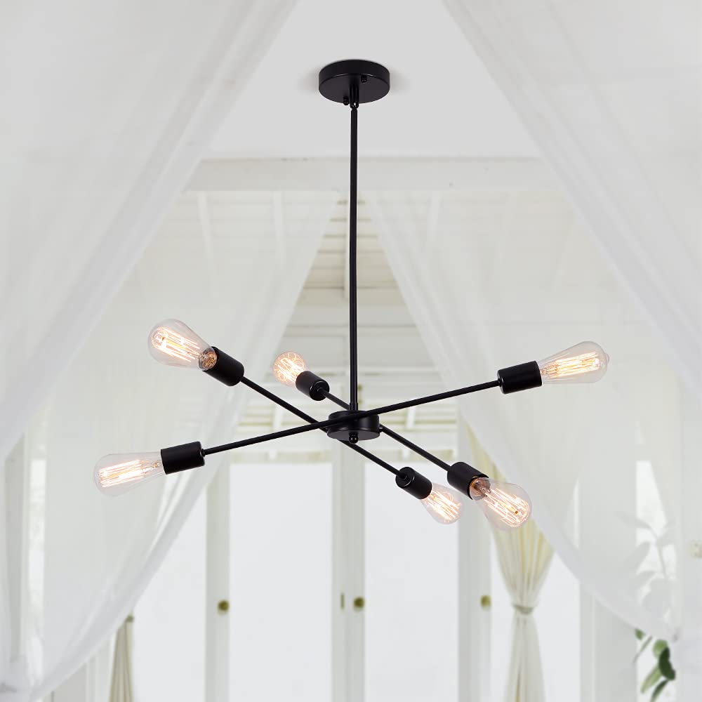 Black Sputnik Chandelier 6 Lights Modern Industrial Ceiling Light Mid Century Vintage Contemporary Pendant Dining Room Lighting Fixtures Hanging