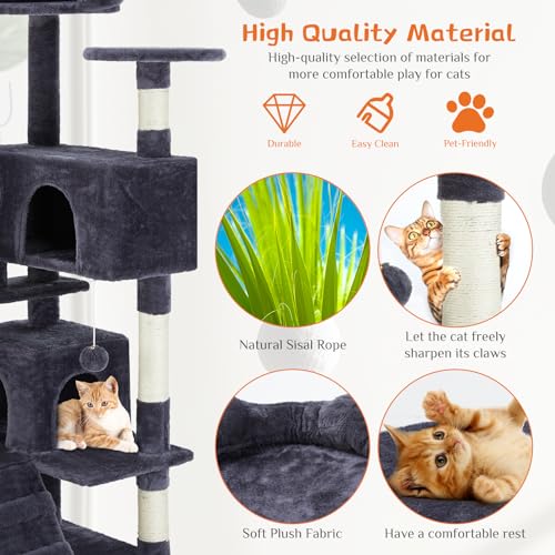 Sweetcrispy 54-Inch Cat Tree Tower – Multi-Level with Sisal Scratching Post, Perfect Pet Gift, Indoor Condo with Climbing Ladder, Plush Toy, and More Animal Stuff, Light Grey