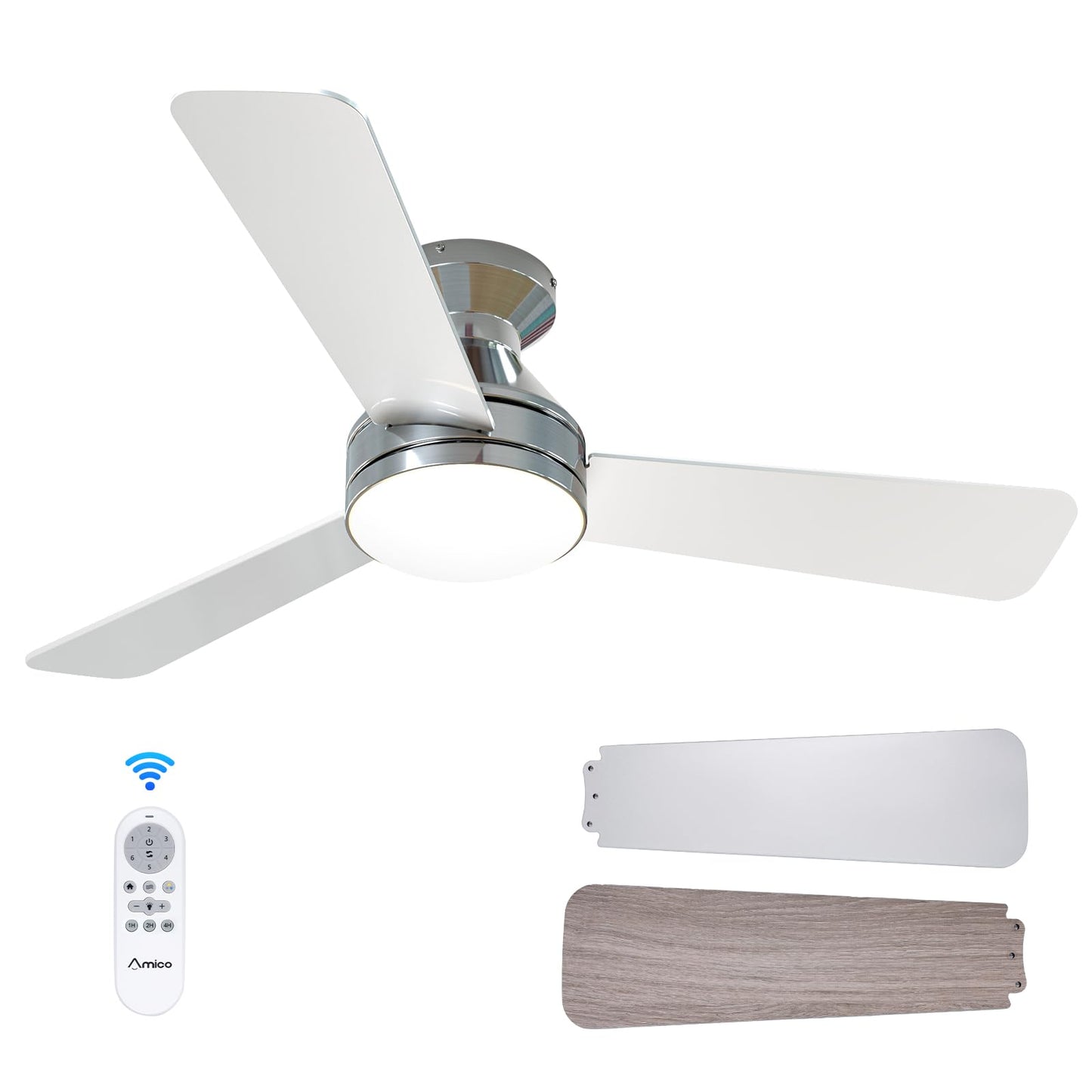 Amico Ceiling Fans with Lights, 42 inch Low Profile Ceiling Fan with Light and Remote Control, Flush Mount, Reversible, 3CCT, Dimmable, Noiseless, White Ceiling Fan for Bedroom, Indoor/Outdoor Use