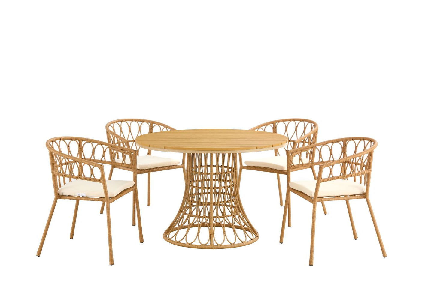Outdoor dining set of 5 simple bamboo dinning table PE ratten round table 110CM plastic wood top