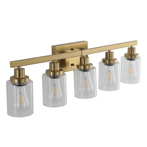 Gold 5 Light Vanity Light With Clear Glass Shade, Modern Iron Bathroom Wall Fixture For Bathroom & Dresser - No Bulbs