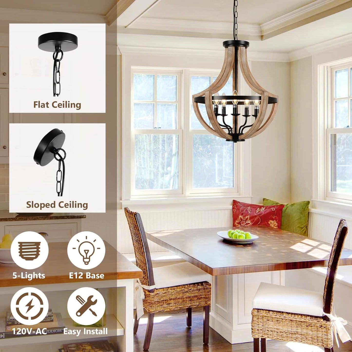 Solid Wood Modern Chandelier For Dining Room, Living Room, Kitchen, Island, Bedroom, Foyer, Height Adjustable, Brown