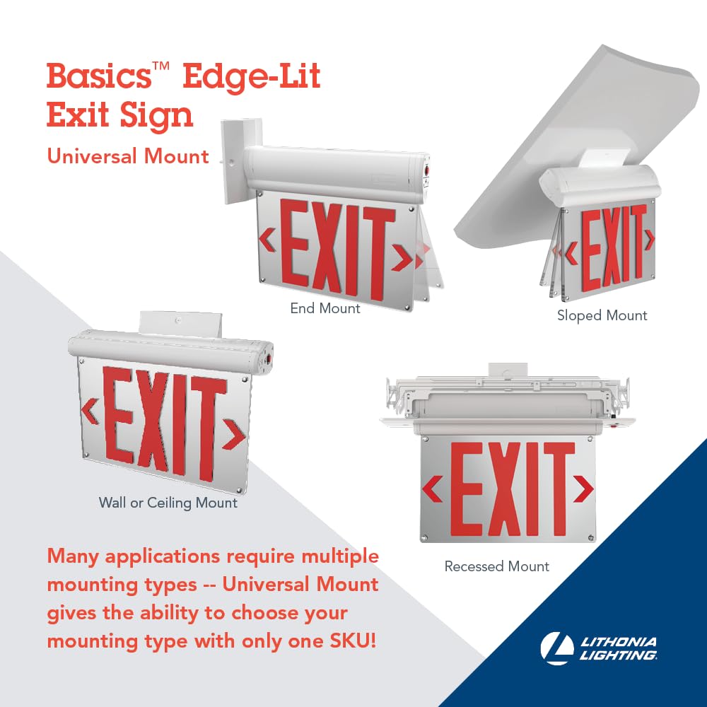 Lithonia Lighting BE W R SM M6 BE Basics Edge-Lit Exit Sign, White with Red Letters, Surface Mount