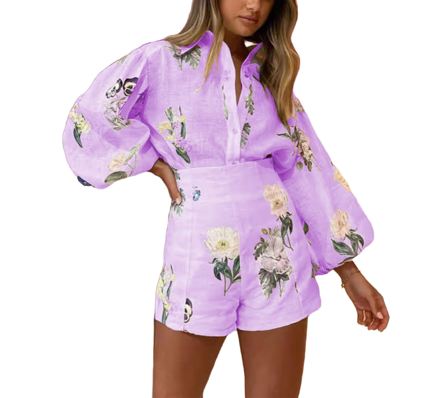 Molilove Womens 2 Piece Outfit Hawaiian Long Sleeve Button Down Shirt and Shorts Tracksuit Lounge Set