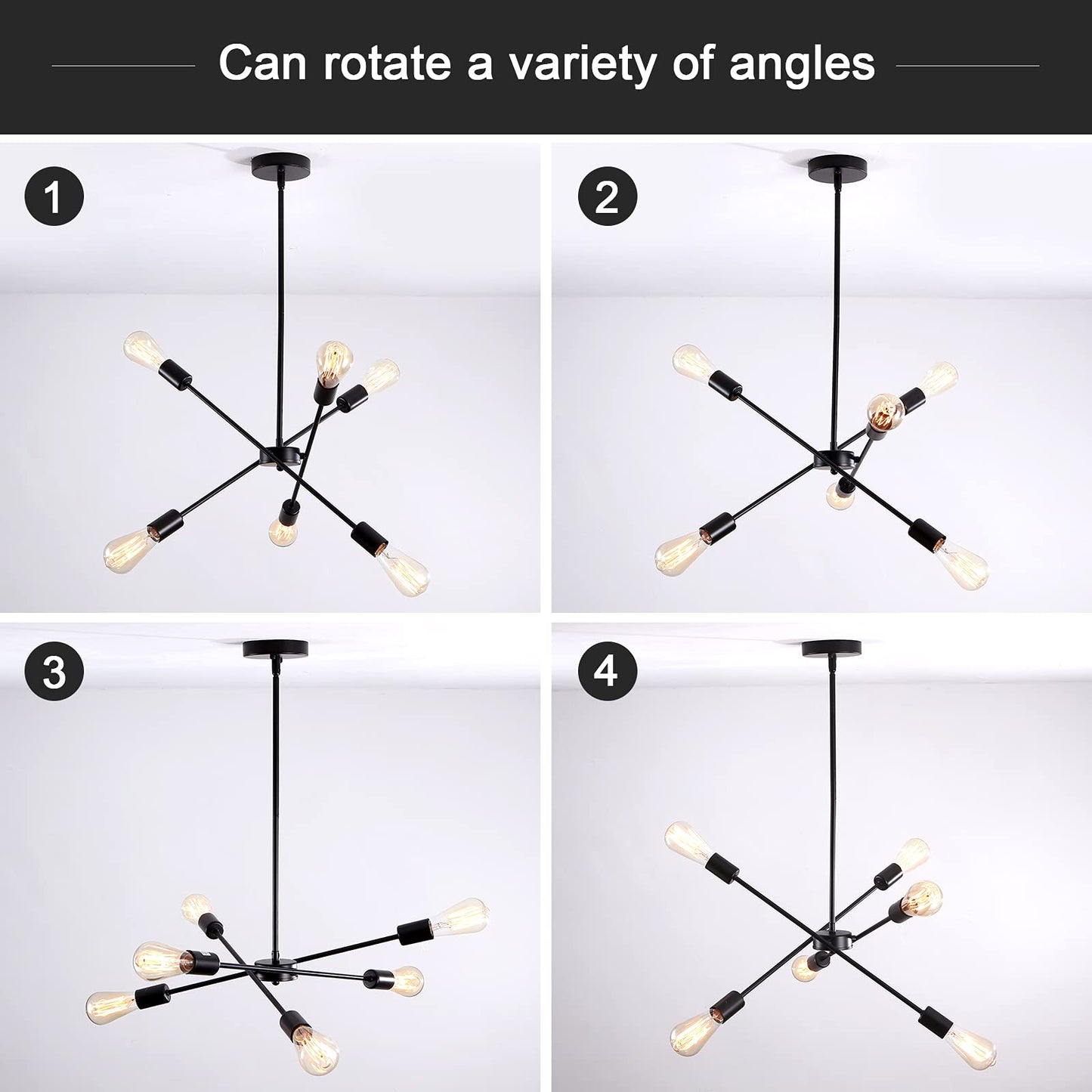 Black Sputnik Chandelier 6 Lights Modern Industrial Ceiling Light Mid Century Vintage Contemporary Pendant Dining Room Lighting Fixtures Hanging